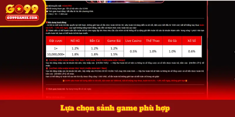 Lựa chọn sảnh game phù hợp